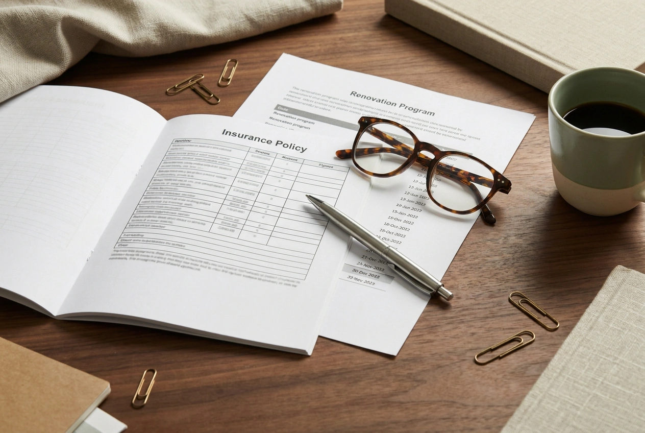 An insurance policy document and a renovation programme laid side by side on a desk with a pen, ready to check cover dates and exclusions