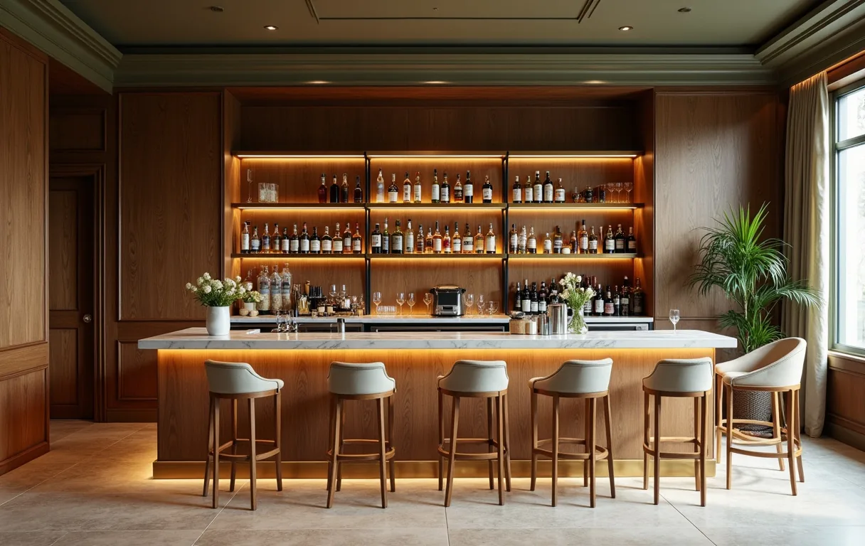 Elegant restaurant bar counter in walnut and brass with a marble top, backlit shelving and bar stools