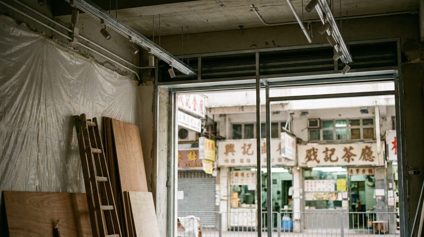 A Hong Kong street-level shop unit mid fit-out, new track lighting installed above bare walls and timber boards, the old shopfront opposite visible through the glazing
