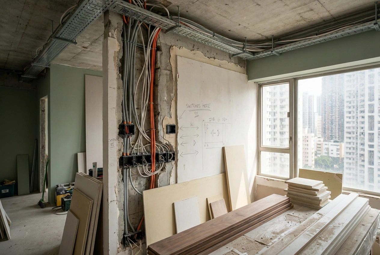 Renovation wiring stage in a Hong Kong flat with low-voltage conduits and smart-switch boxes set into an open wall before plastering