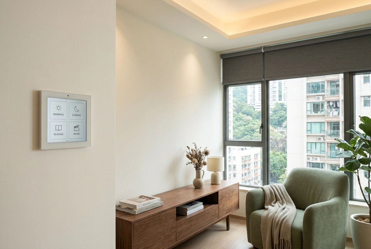 Tidy Hong Kong living room with a wall-mounted smart control panel showing named scenes and motorised curtains drawn to the ceiling