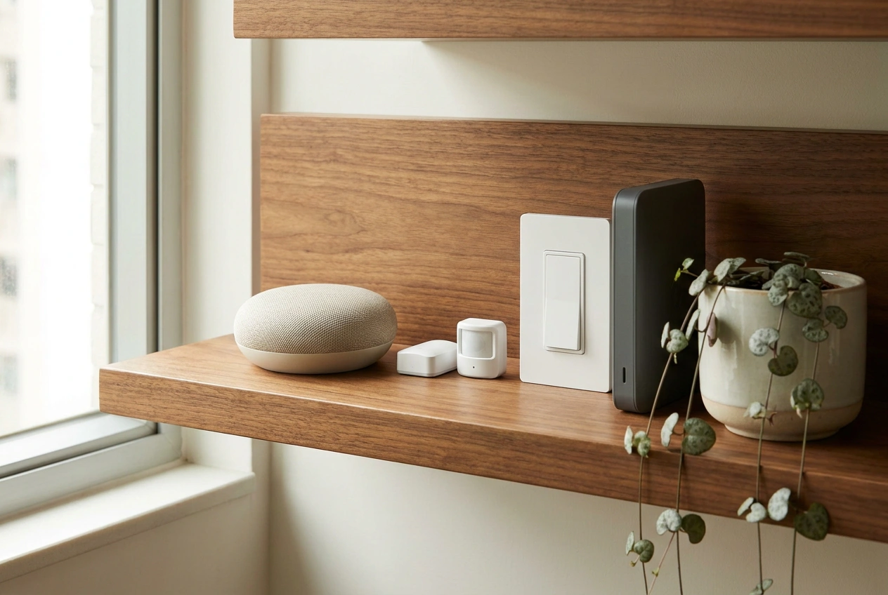 Walnut shelf styled with smart-home devices: a speaker, motion sensors and a smart switch, neutral and unbranded