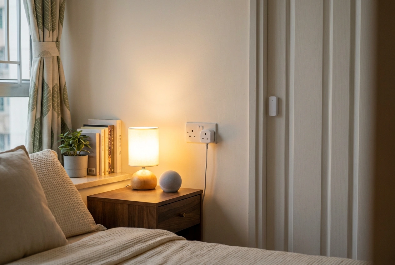 Corner of a rented Hong Kong bedroom with a smart plug, a smart bulb lamp, a compact speaker and a stick-on door sensor, no construction