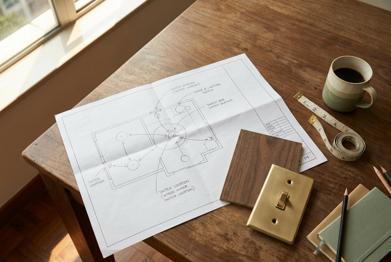 Designer's desk with an electrical and lighting plan, switch-position markups and material samples laid out for a renovation