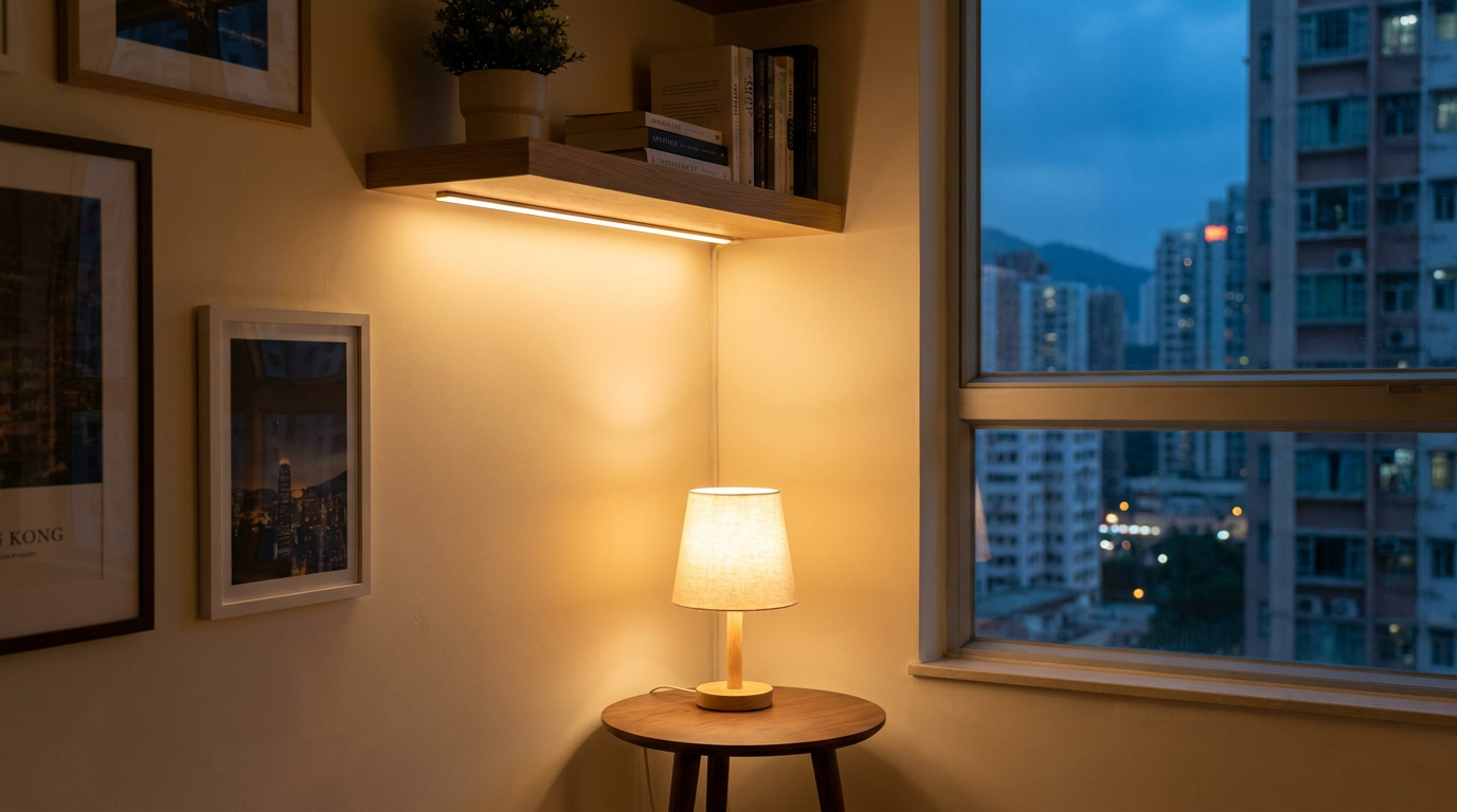 A cosy corner of a warm Hong Kong flat at dusk: a glowing table lamp and a slim self-adhesive LED strip under a floating oak shelf, the renter-friendly smart-lighting entry layer.