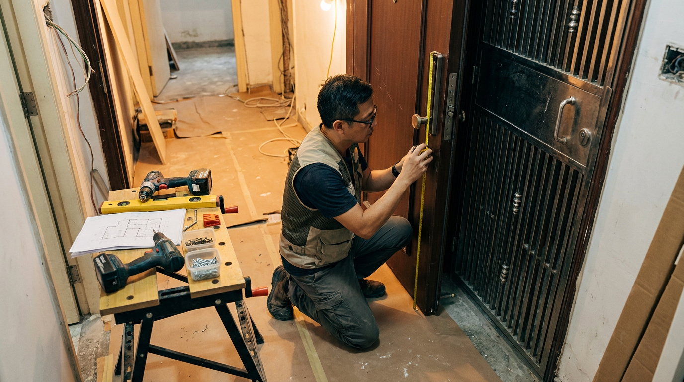 An interior designer checking a flat entrance door, its metal gate and the lock body together during a Hong Kong fit-out.