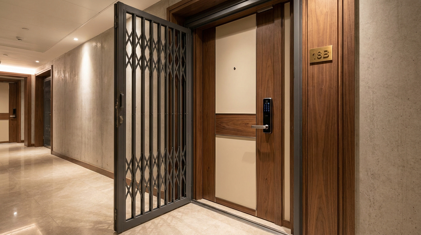 The metal gate and timber door at a Hong Kong flat entrance, with the inner door fitted with an electronic door lock keypad and handle