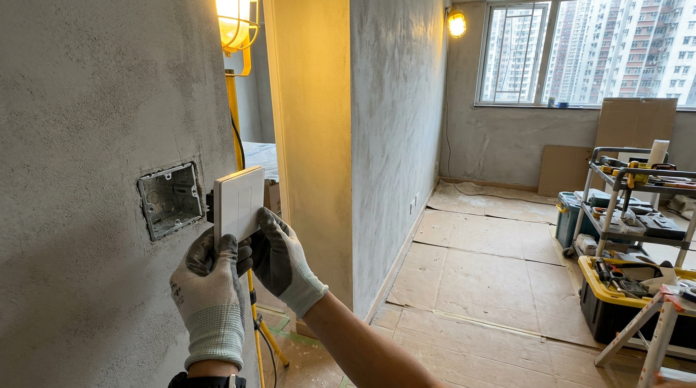 First-fix electrical work in a Hong Kong flat renovation: a switch back-box set into a bare plastered wall while a faceplate is offered up to it, the only stage when a neutral wire can be run to each switch position