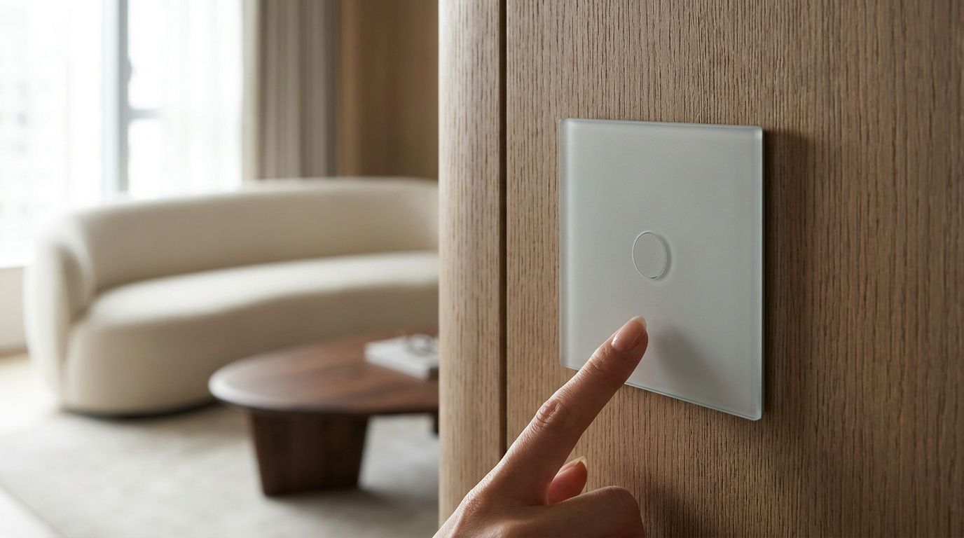 A glass touch smart light switch on an oak-panelled wall in a warm Hong Kong living room by Artwill, a fingertip reaching for it, the kind of always-on switch that needs a neutral wire planned into the renovation