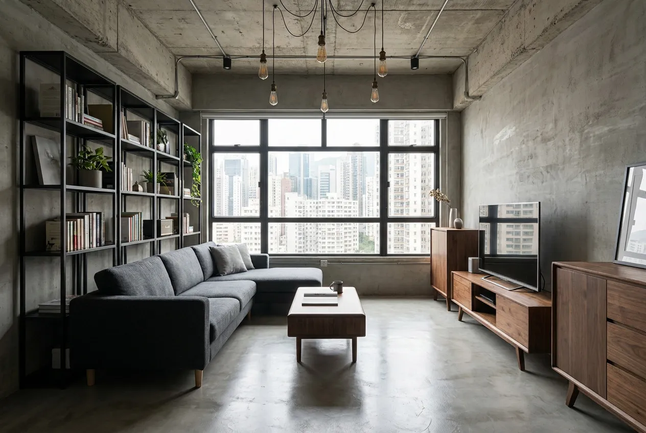 A reception space with raw textures and exposed materials in the industrial style spirit at the Artwill studio