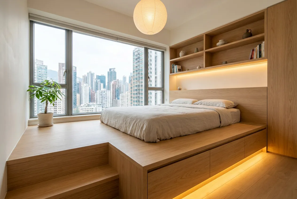 Custom platform-bed joinery being built in the Artwill workshop for a Hong Kong flat