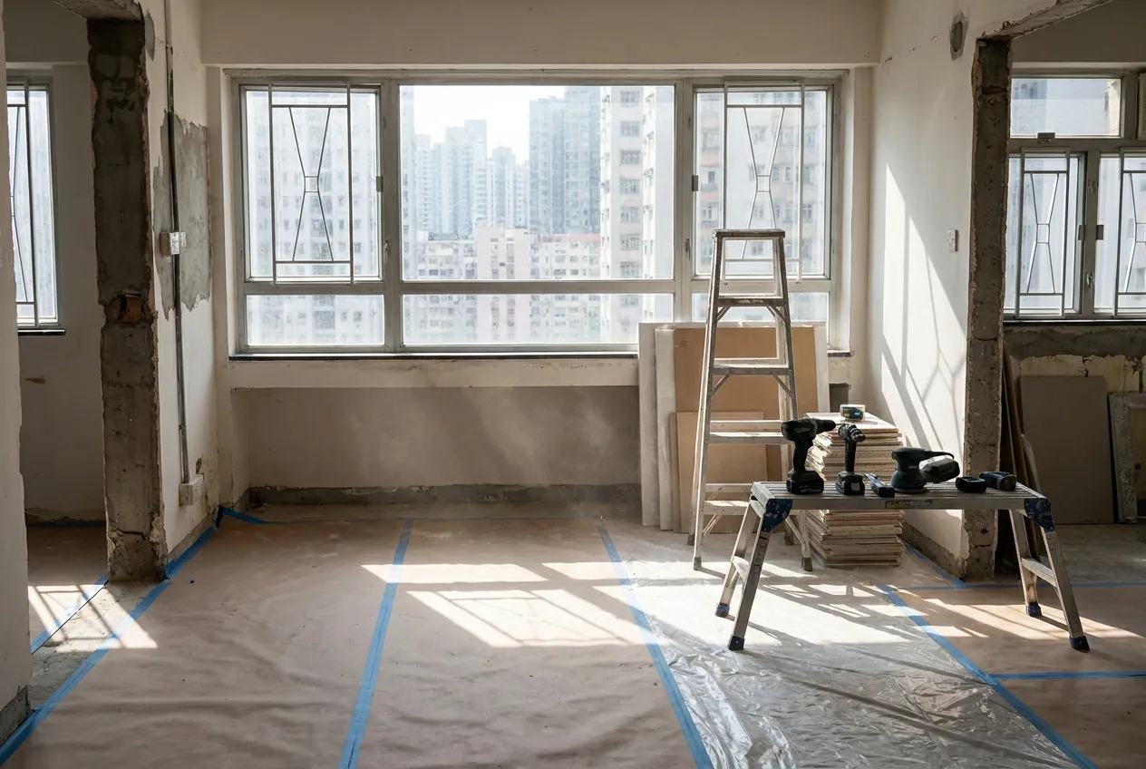 Quiet corridor in a Hong Kong building, illustrating renovation noise and working-hour considerations