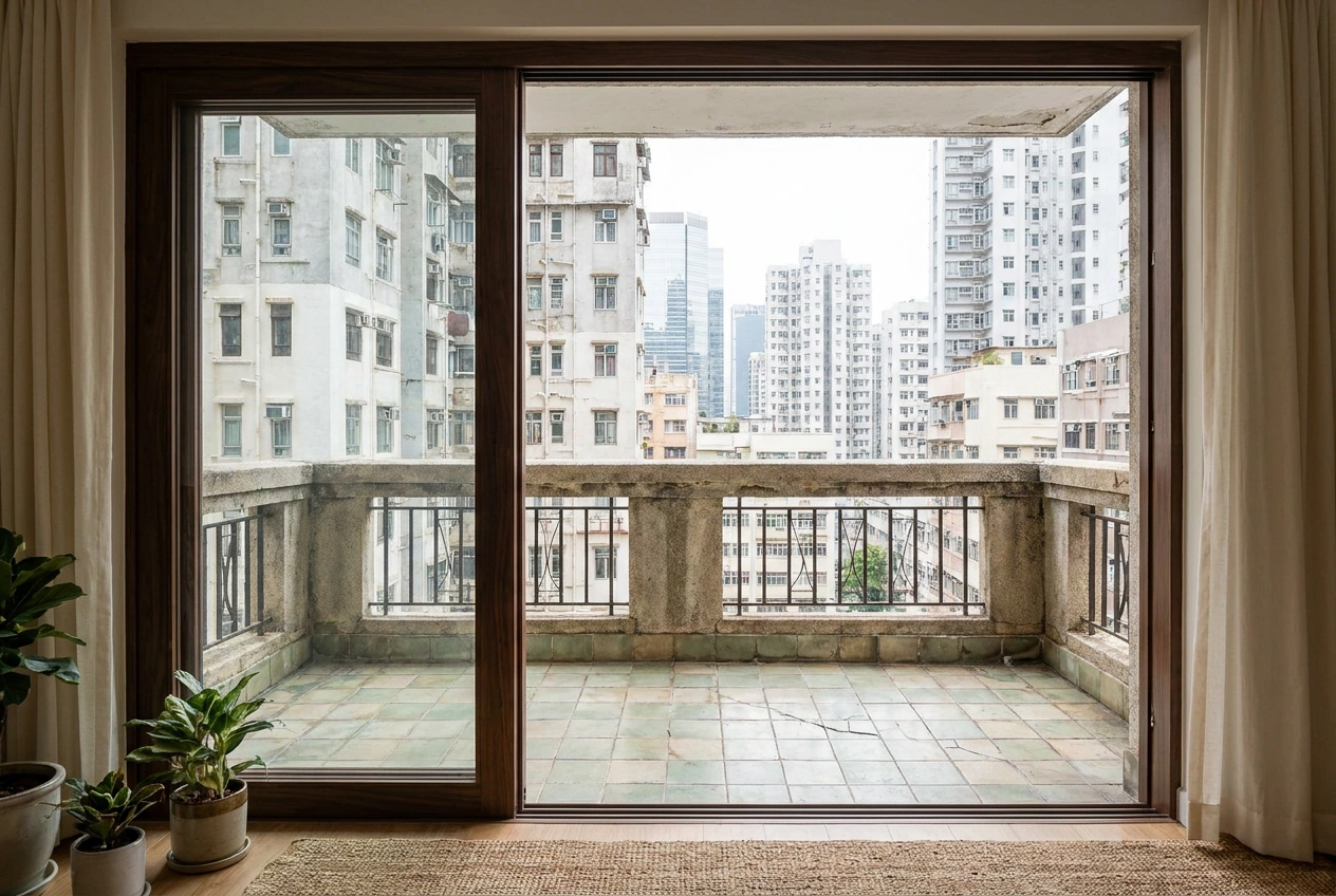 An original open balcony of a Hong Kong flat seen through a sliding door, railing and parapet intact, not enclosed.