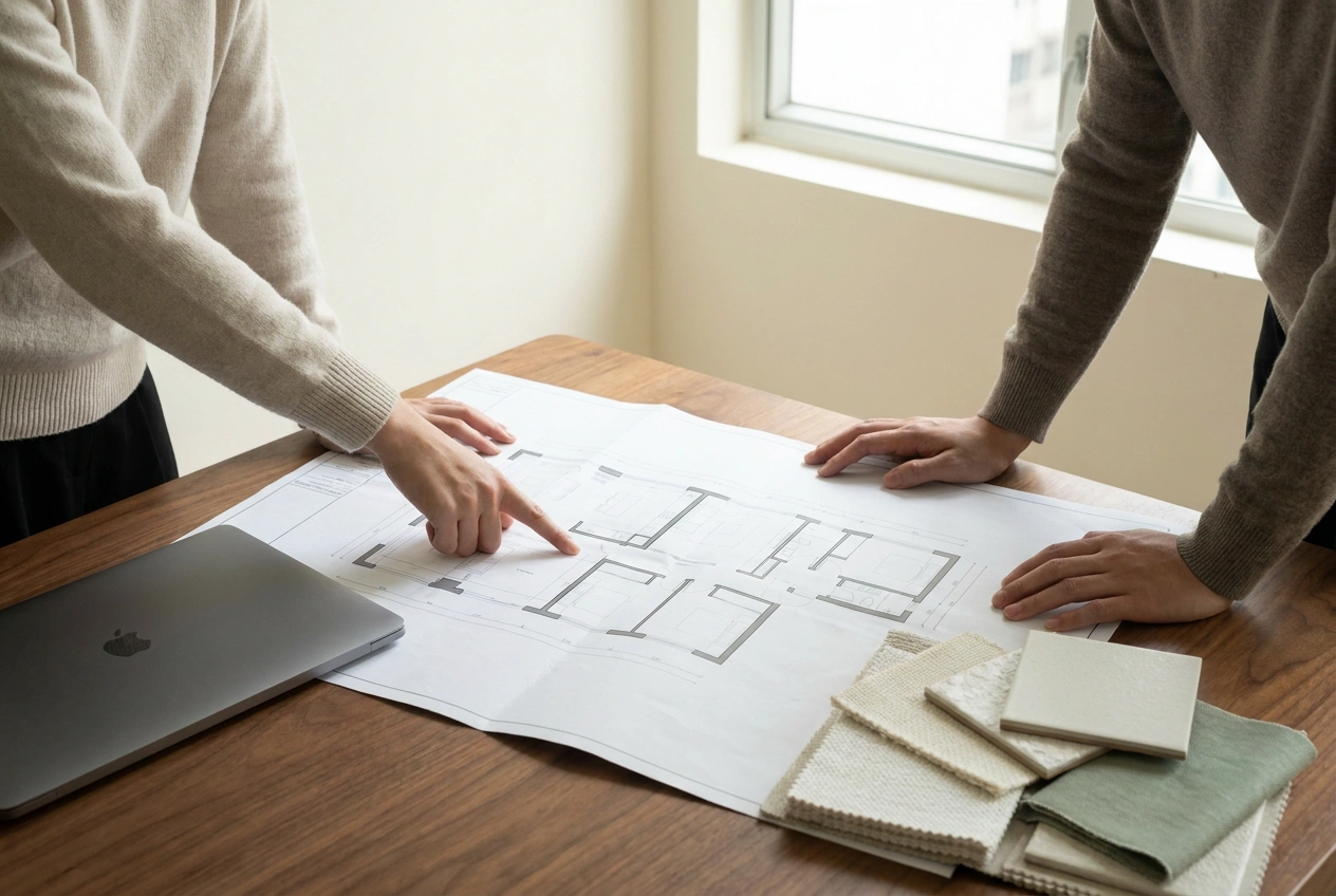 Two people reviewing a printed floor plan on a walnut table in a design studio, one pointing at a wall line, material samples alongside.