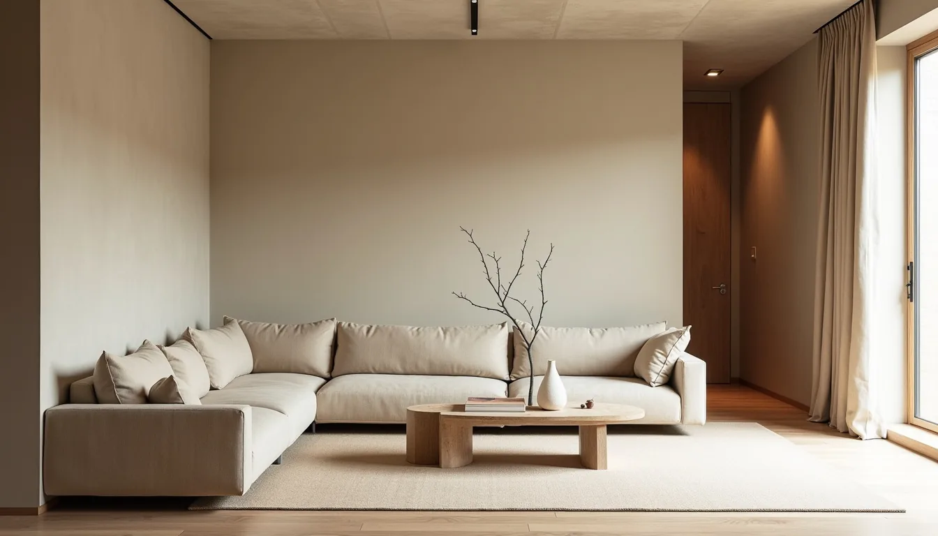 Wabi-sabi living room in a Hong Kong flat with warm greige plaster walls, pale oak, a low linen sofa, a bare branch in a rough ceramic vessel and generous negative space