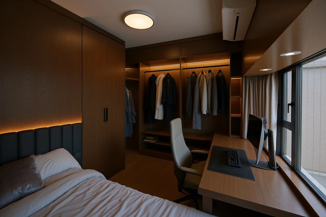 A compact walk-in closet carved from a bedroom bed-end nook in a Hong Kong flat, floor-to-ceiling dark oak joinery with a hanging rail and open shelving