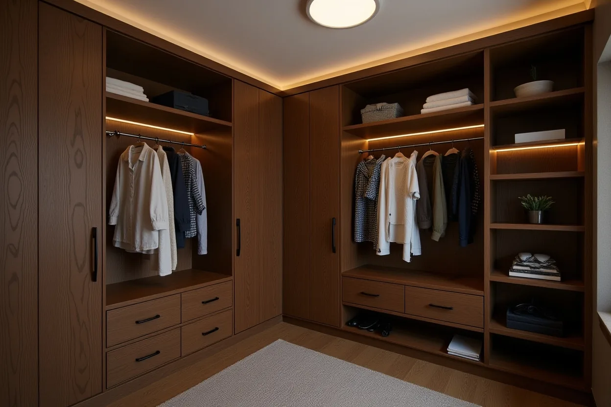 An L-shaped walk-in closet corner using two adjacent walls of dark oak joinery, with hanging rails, open shelving and drawers