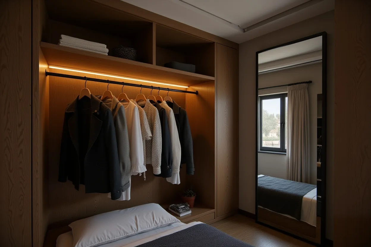 A walk-in closet detail with a warm natural-light LED strip above the hanging rail and a full-length mirror beside a window