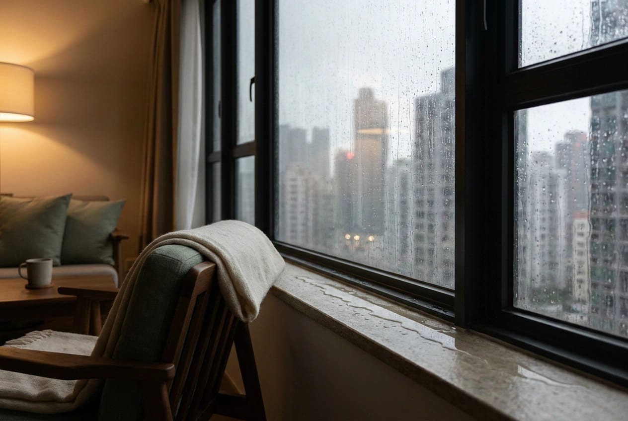 Rain running down the window of a Hong Kong high-rise flat with water pooling along the inside of the sill