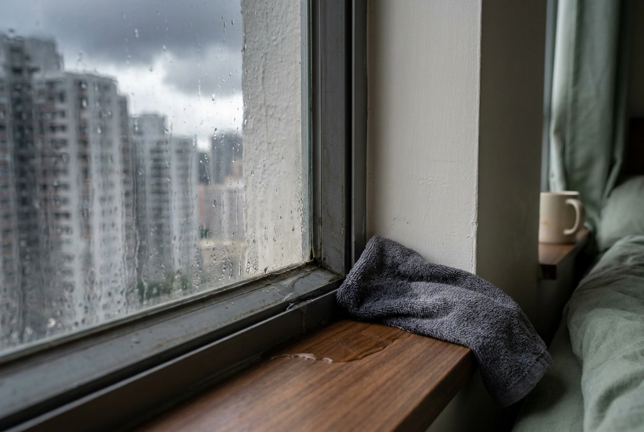 Water seeping in at the lower corner of an aluminium window frame in a Hong Kong flat during a rainstorm, with a towel on the sill.