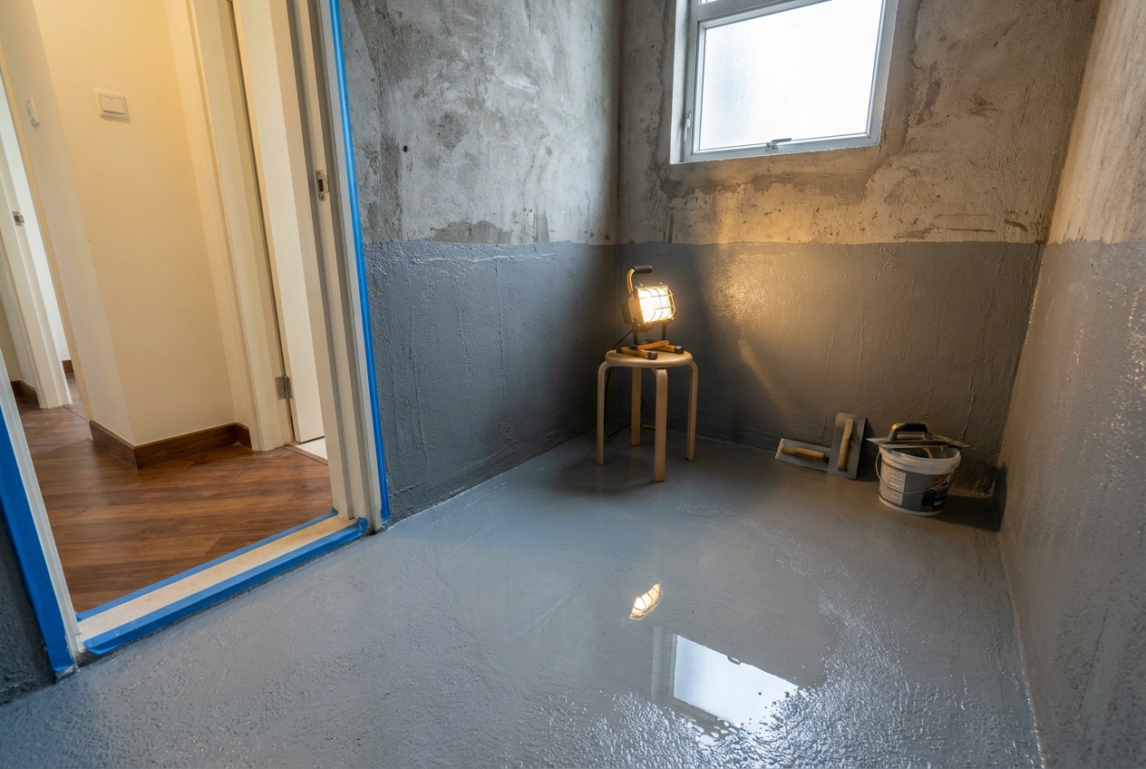 Bathroom mid-renovation with cementitious waterproofing membrane applied to floor and lower walls, holding water for a ponding test.
