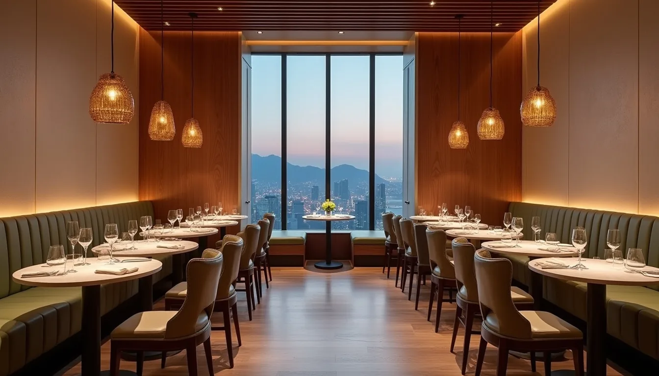 Upscale Hong Kong restaurant dining room at dusk with walnut panelling, cream walls, olive-green banquette seating, marble tables and a city-skyline view